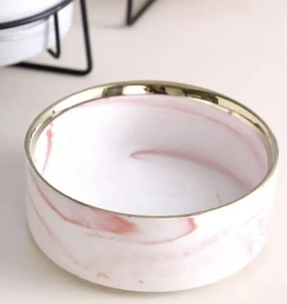 Pink White Marble Swirl Pet Bowl Water Food Dog Set Ceramic